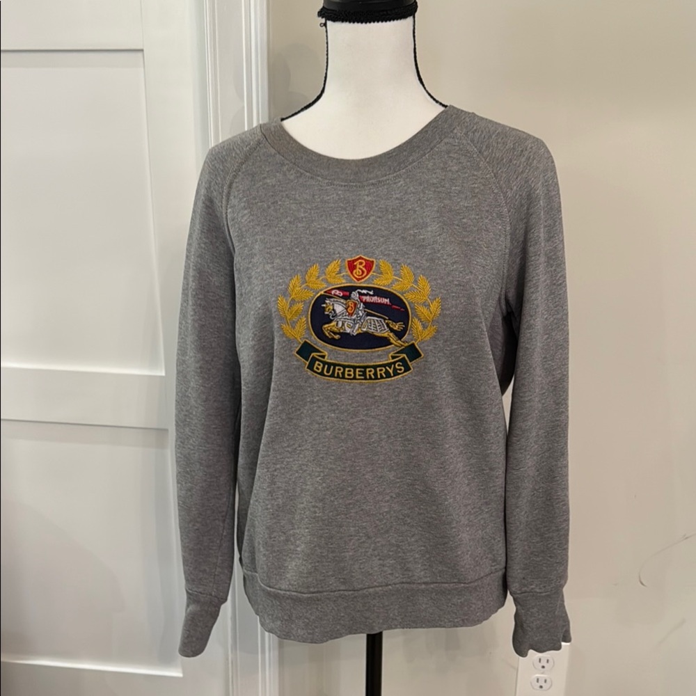 Burberry Gray Crew Neck Sweater with Signature Emblem